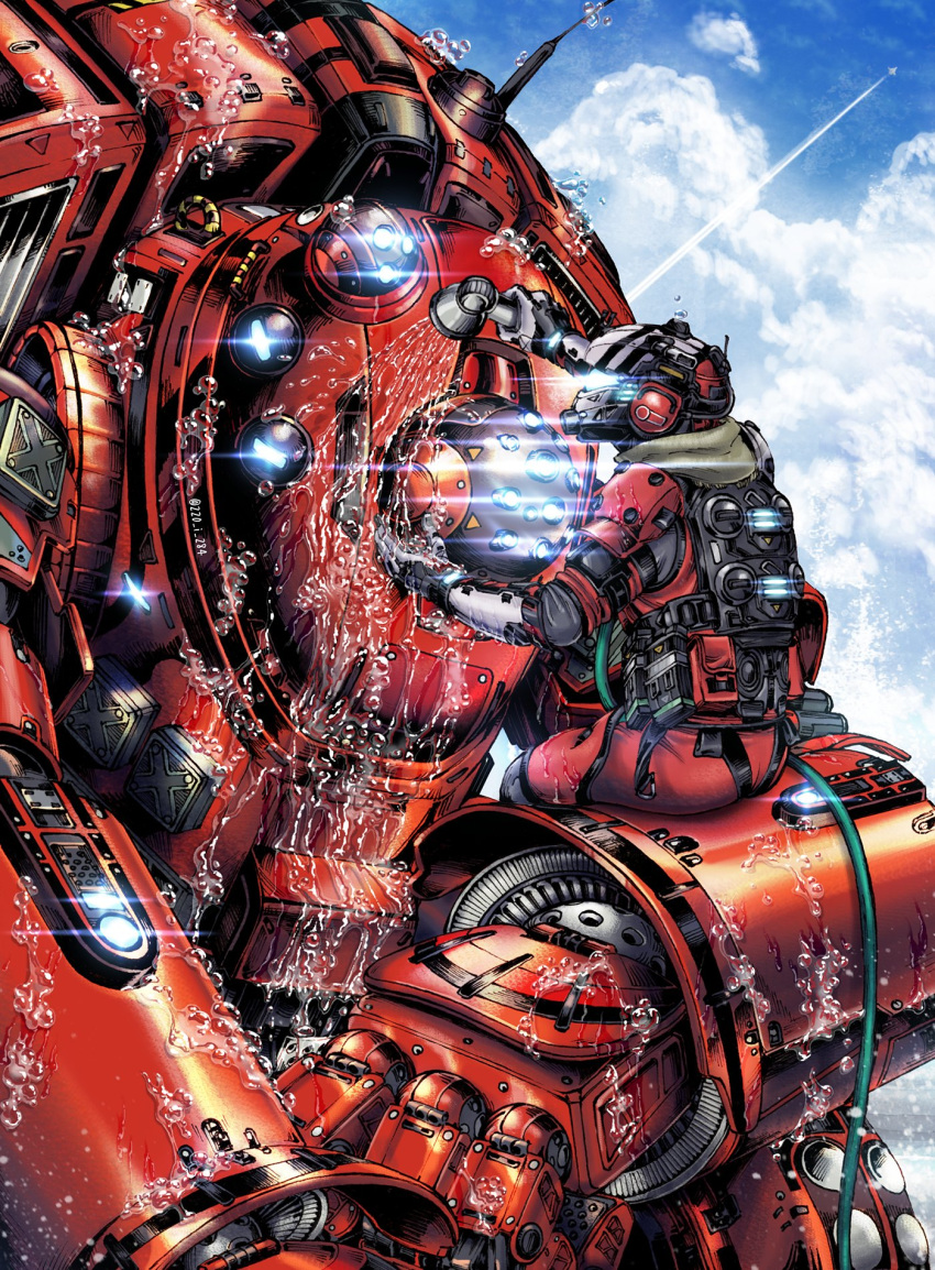 1boy, blue_eyes, clenched_hand, clouds, extra_eyes, glowing, glowing_eyes, helmet, highres, i_(220_i_284), mecha, on_mecha, pilot_(titanfall_2), science_fiction, scorch_(titanfall_2), sitting, sky, titanfall_(series), titanfall_2, visor, washing, water