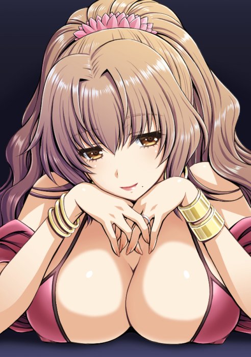 1girl, asatsuyu_sayoko, bracelet, breasts, covered_nipples, eyebrows_visible_through_hair, interlocked_fingers, jewelry, kuroda_akimi, large_breasts, light_brown_hair, lips, long_hair, looking_at_viewer, mature_female, mole, mole_under_mouth, ponytail, ring, solo, tsumamigui_3, wedding_ring, yellow_eyes