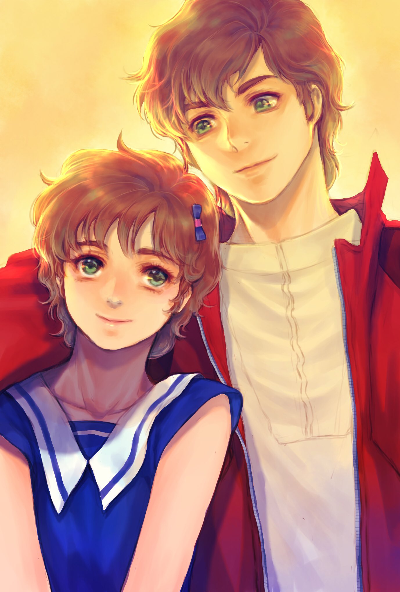 1boy, 1girl, arm_around_shoulder, bangs, blue_shirt, brother_and_sister, brown_hair, green_eyes