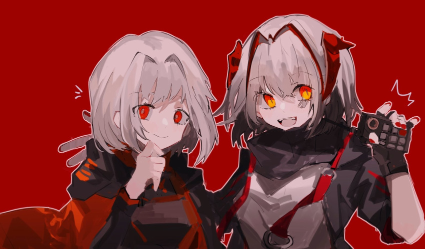 2girls, :d, arknights, bright_pupils, cape, crossover, eyebrows_visible_through_hair, eyes_visible_through_hair