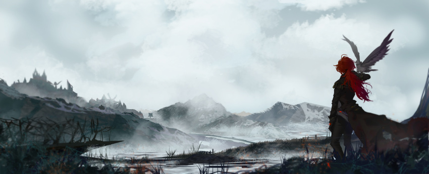 1boy, absurdres, animal_on_shoulder, bird, bird_on_shoulder, black_gloves, black_jacket, black_pants, city, coattails, diluc_(genshin_impact), fog, from_behind, genshin_impact, gloves, grey_sky, highres, jacket, landscape, li0n_(kongshushiwo), long_hair, low_tied_hair, mountainous_horizon, nature, outdoors, pants, redhead, scenery, sky, standing, tree, wide_shot