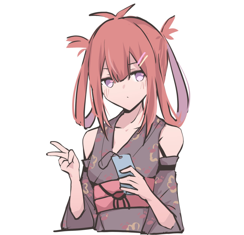 1girl, alternate_costume, atelier_live, bangs, breasts, cellphone, collarbone, detached_sleeves