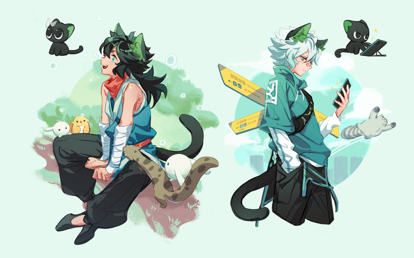 1boy, animal_ears, bandaid, bandaid_on_nose, bidiu_(the_legend_of_luoxiaohei), black_cat, black_footwear, black_hair