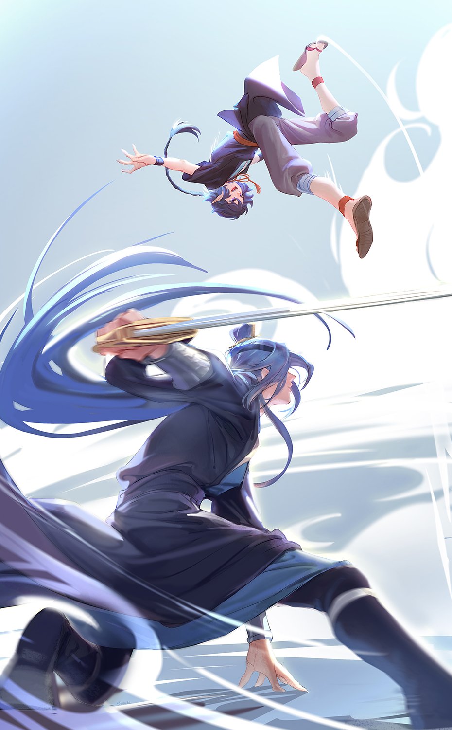 2boys, black_footwear, black_hair, blue_hair, fighting, grey_pants, highres, holding
