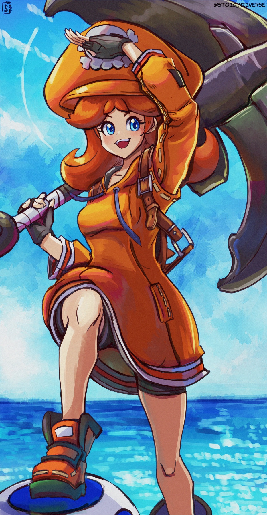 1girl, :d, anchor, blue_eyes, brown_hair, cosplay, drawstring, feet_out_of_frame