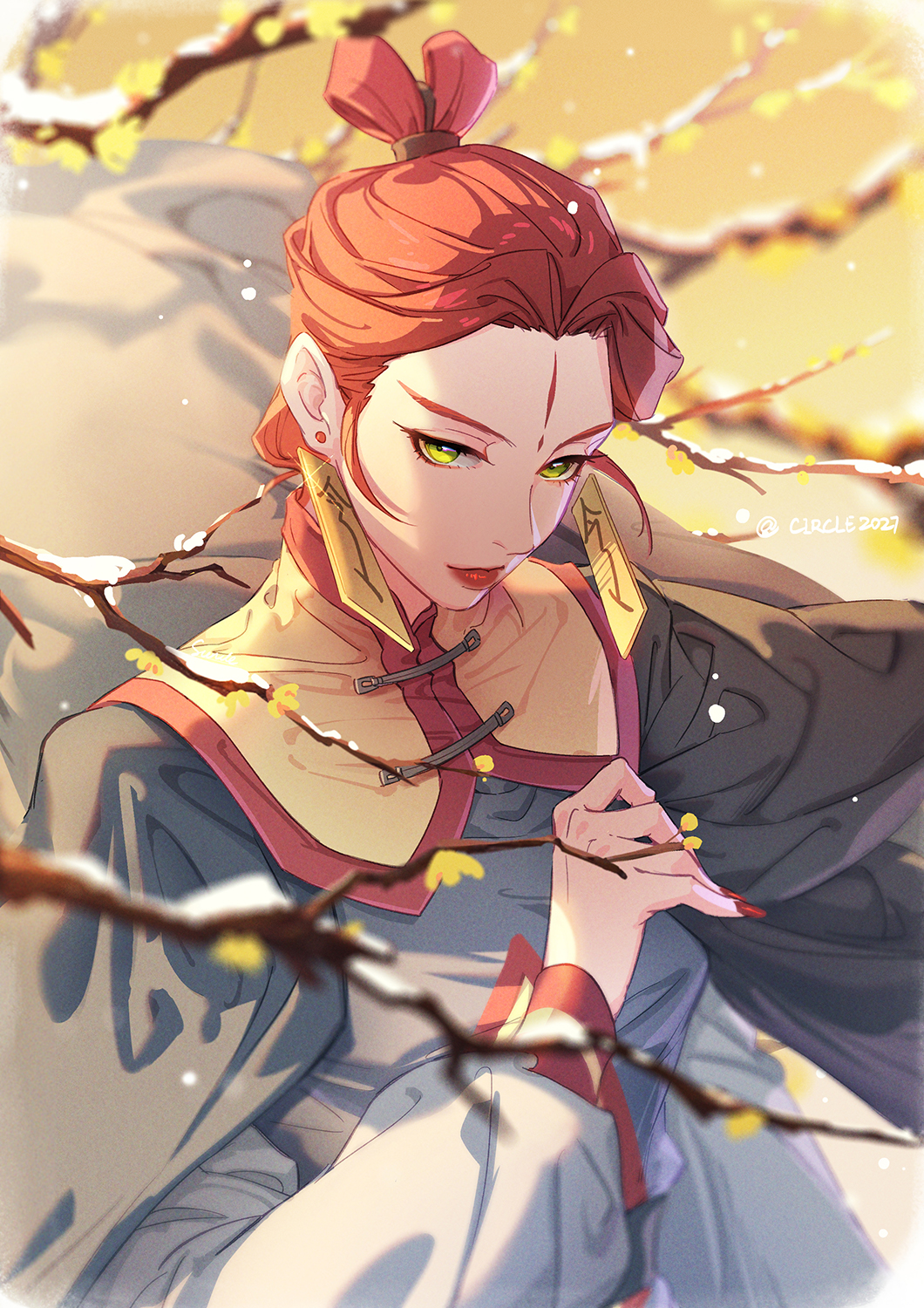 1girl, blurry, blurry_background, blurry_foreground, branch, earrings, fingernails, green_eyes, highres, jewelry, lanxi_zhen, long_fingernails, long_sleeves, looking_at_viewer, red_neckwear, redhead, smile, solo, suncle, the_legend_of_luo_xiaohei, twitter_username, upper_body, yan_ming_(the_legend_of_luoxiaohei)