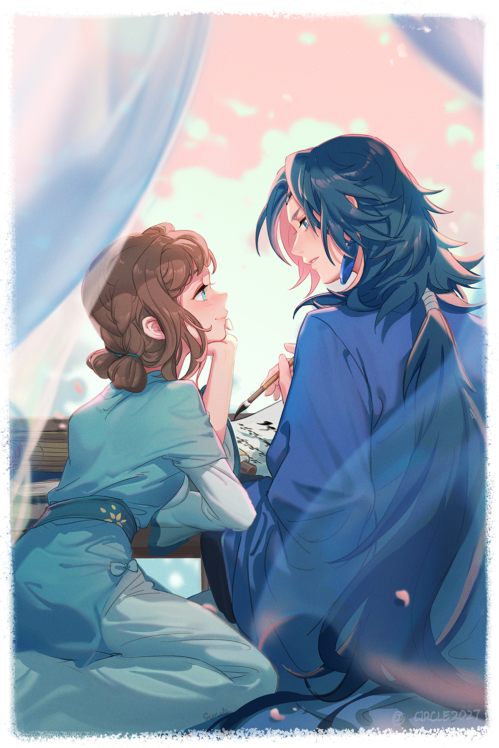 1boy, 1girl, aqua_eyes, blue_eyes, blue_hair, blue_robe, blush, brown_hair