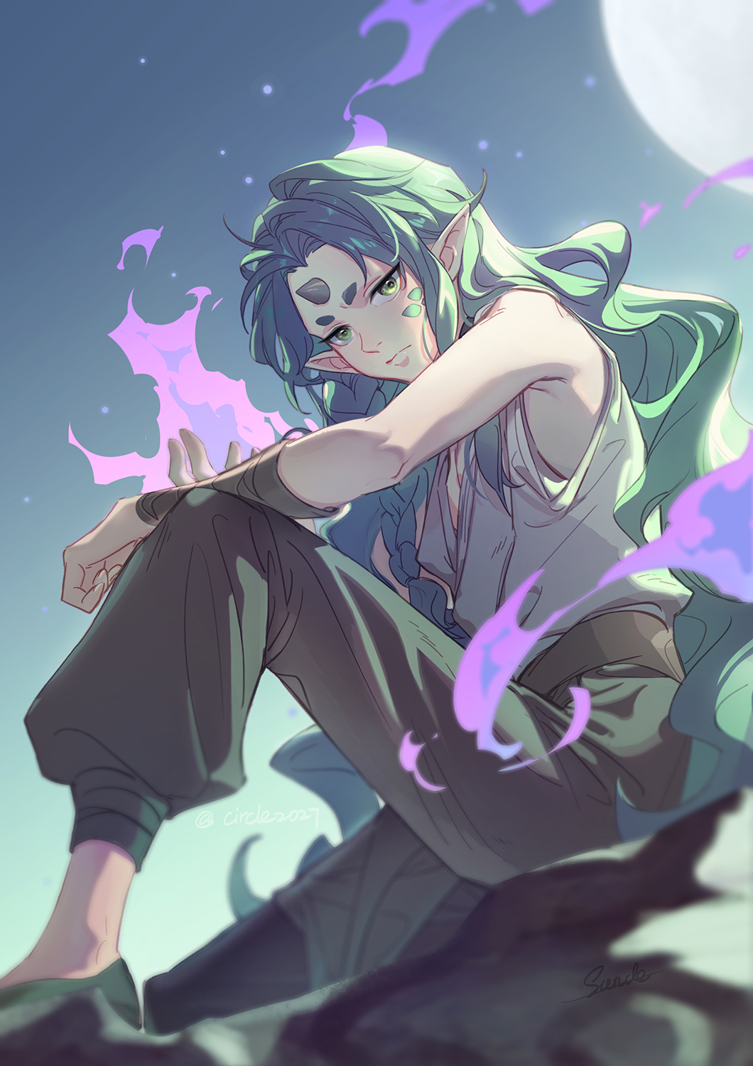 1boy, black_pants, braid, diting_(the_legend_of_luoxiaohei), fire, green_eyes, green_hair, grey_shirt