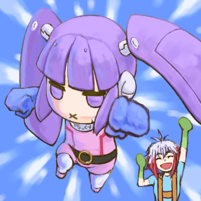 :d, :x, blue_background, lowres, mecha_sophie, multicolored_hair, multiple_girls, pascal