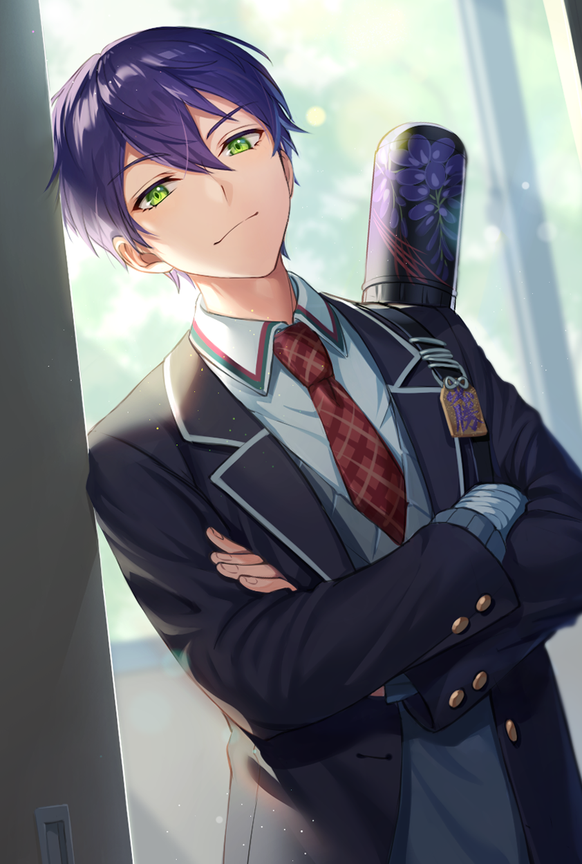 1boy, backlighting, bandaged_hands, bandages, bangs, blazer, blurry, bokeh