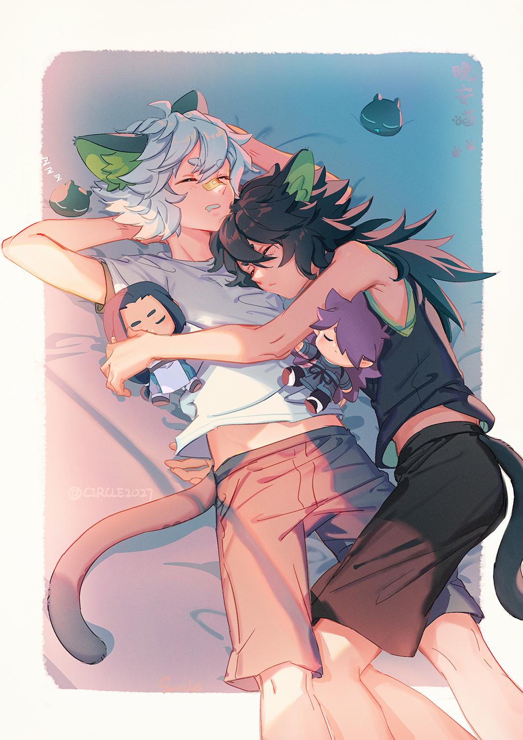 2boys, animal_ears, arms_behind_head, black_shirt, black_shorts, black_tail, cat_boy, cat_ears