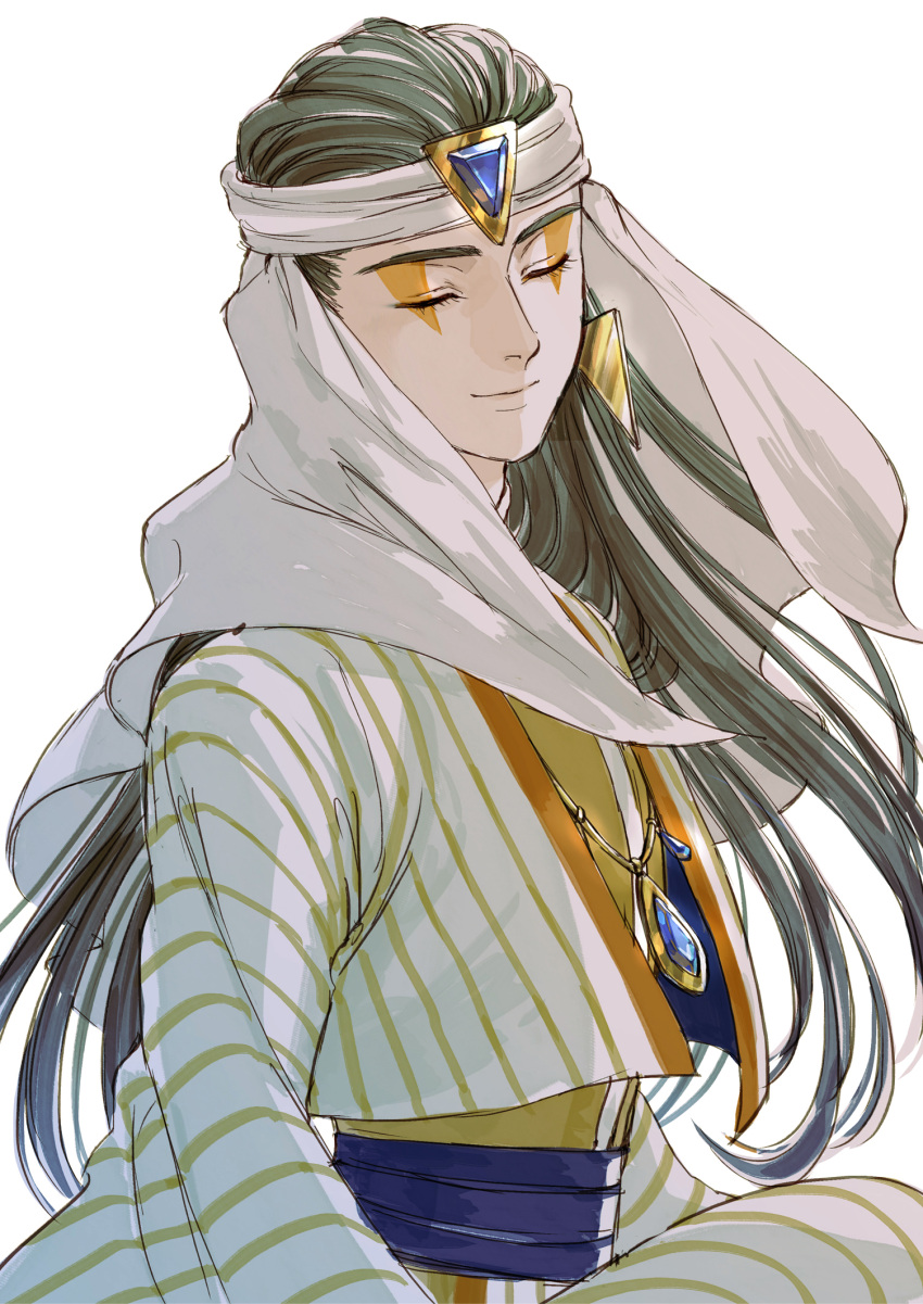 1boy, black_hair, closed_eyes, earrings, facing_viewer, highres, jewelry, lanxi_zhen, long_hair, long_sleeves, micho, naga_(the_legend_of_luoxiaohei), necklace, simple_background, smile, solo, the_legend_of_luo_xiaohei, white_background
