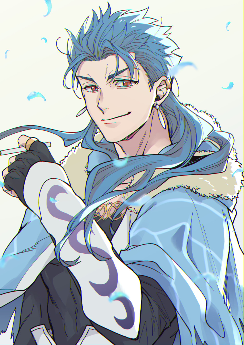 0343_u, 1boy, absurdres, blue_hair, capelet, cigarette, closed_mouth, cu_chulainn_(caster)_(fate)