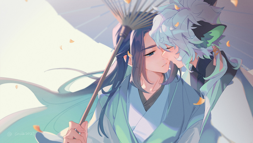 2boys, animal_ears, black_hair, blue_eyes, cat_boy, cat_ears, closed_eyes, eyebrows_visible_through_hair