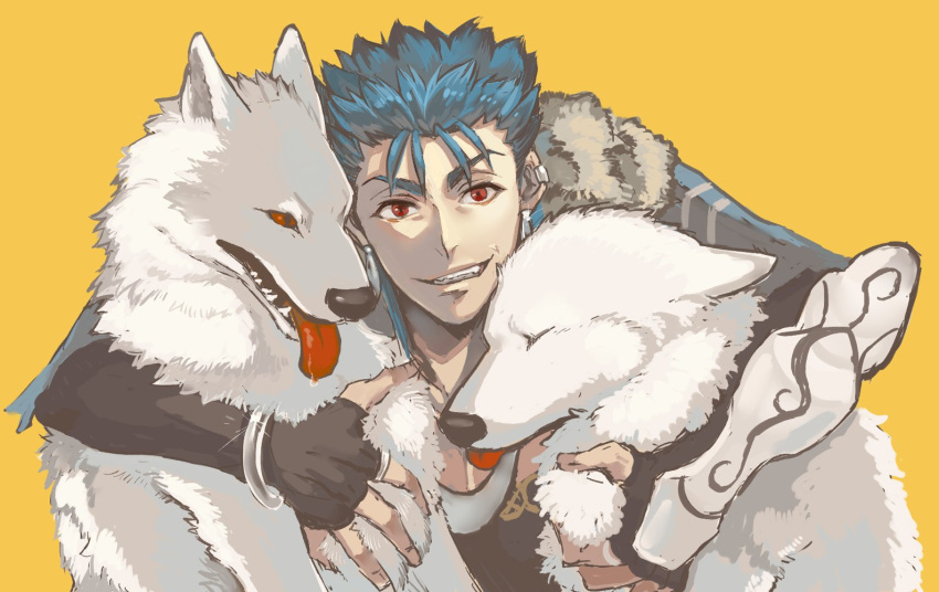 1boy, 2others, animal, blue_hair, bracelet, closed_mouth, cu_chulainn_(caster)_(fate), cu_chulainn_(fate)_(all)