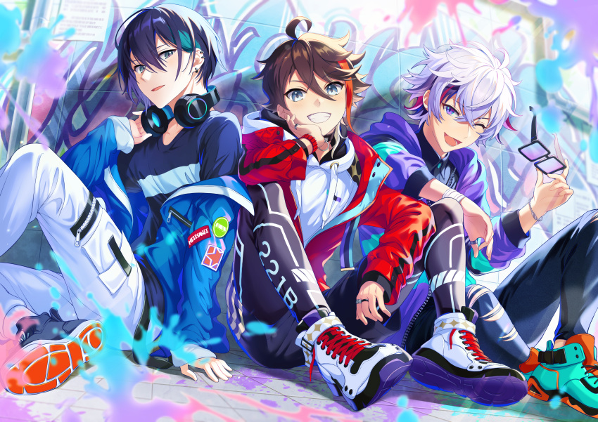 3boys, :d, ;d, absurdres, ahoge, alternate_costume, arm_support, barcode