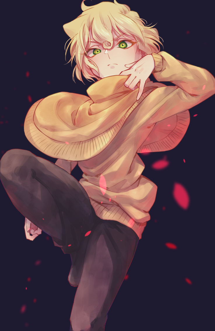 1girl, bangs, black_footwear, black_pants, blonde_hair, blurry, brown_sweater, commentary_request