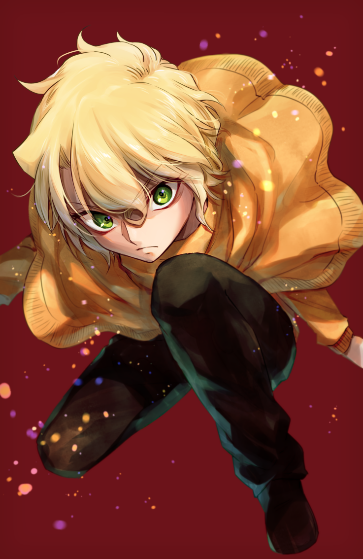 1girl, bangs, black_footwear, black_pants, blonde_hair, closed_mouth, commentary_request, eyebrows_visible_through_hair