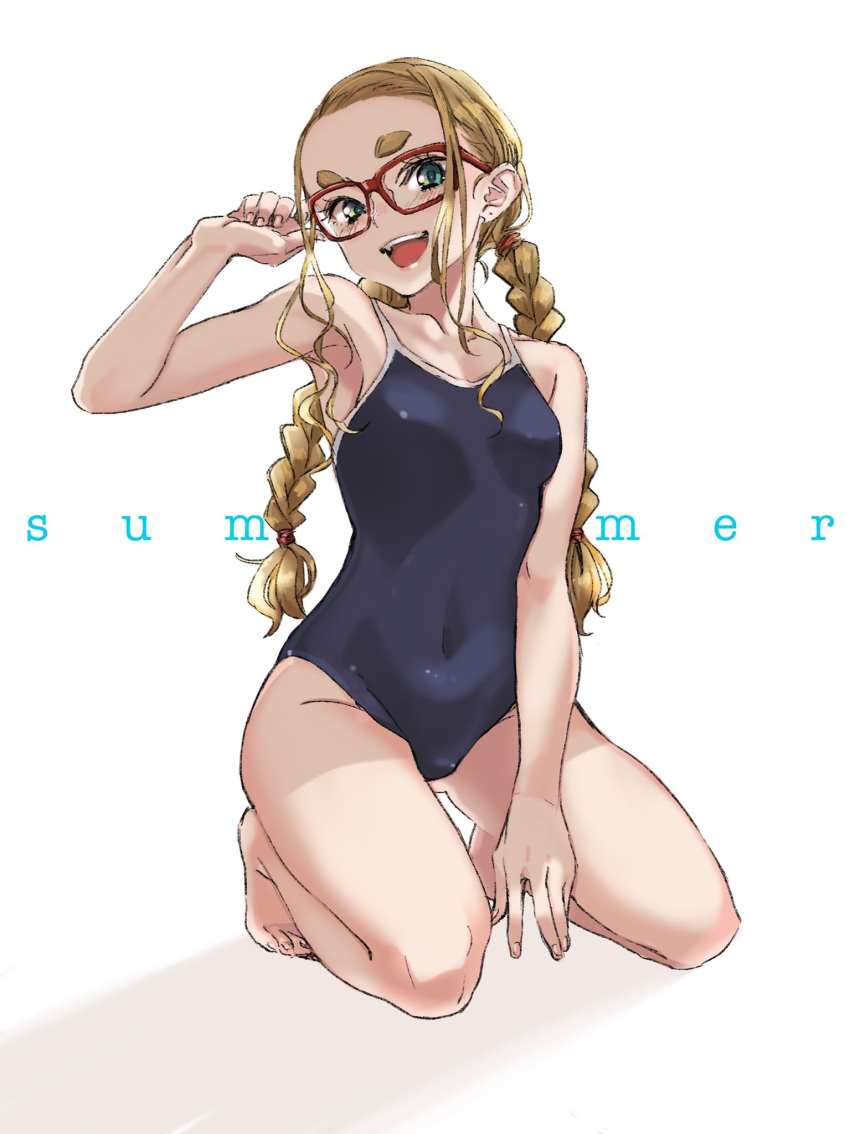 1girl, adjusting_eyewear, armpits, background_text, bare_shoulders, barefoot, blonde_hair, blue_eyes