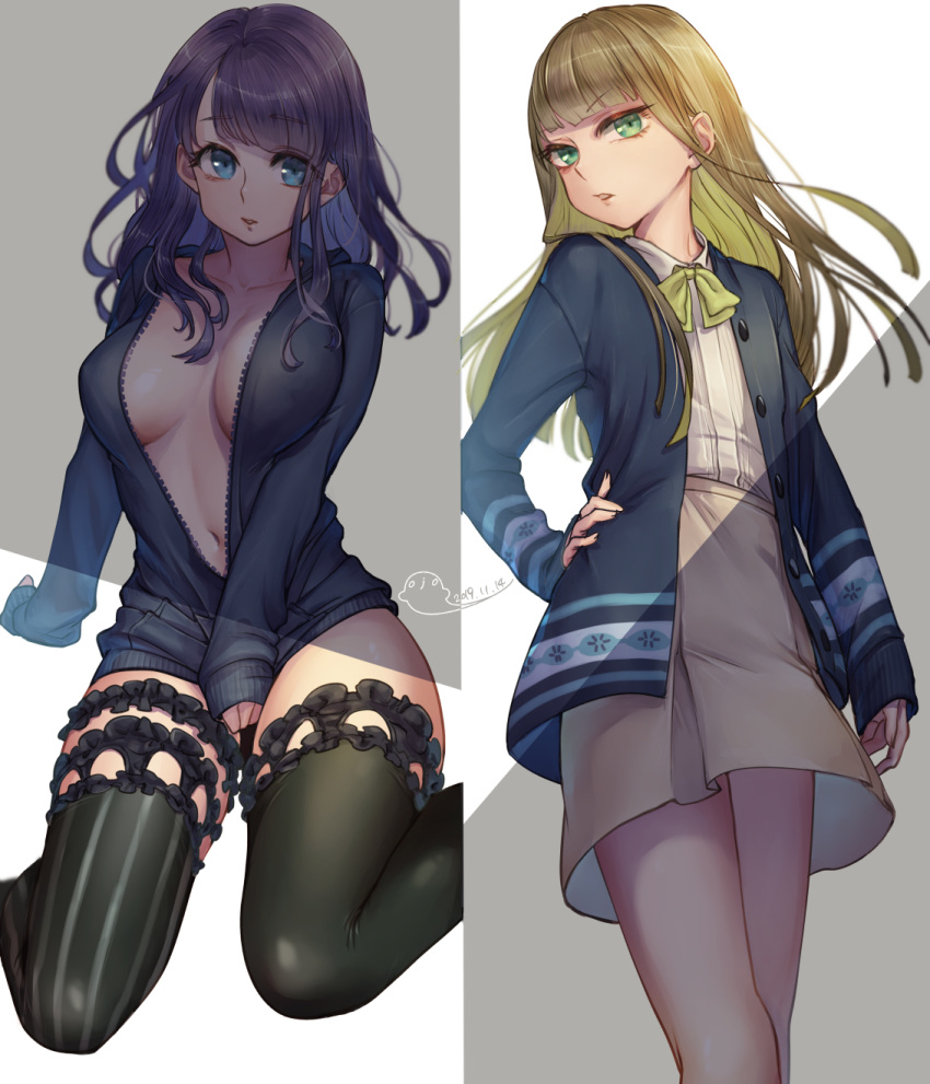 1boy, 1girl, :o, asymmetrical_legwear, bangs, beige_skirt, blue_coat, blue_eyes
