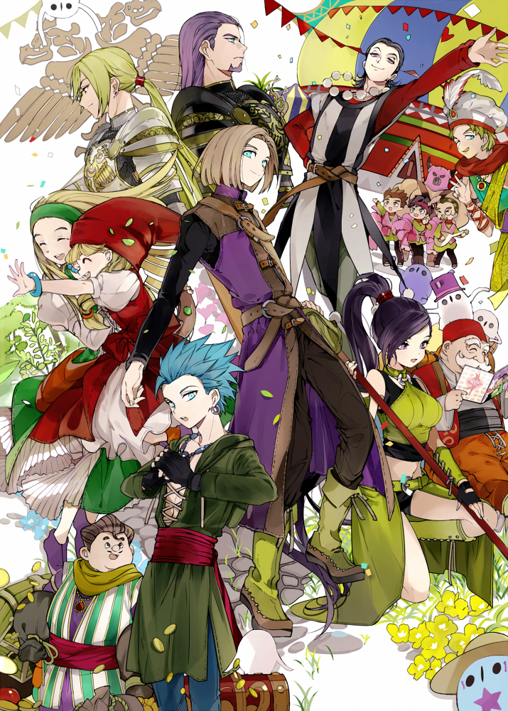 3girls, 6+boys, abs, arm_up, armor, bag, bangs, beard, belt, black_pants, blonde_hair, blue_eyes, blue_hair, blue_pants, blunt_bangs, book, boots, bow, bracelet, braid, brown_footwear, brown_hair, bunting, camus_(dq11), chibi, cobblestone, coin, confetti, cracking_knuckles, cross-laced_footwear, deku_(dq11), dragon_quest, dragon_quest_xi, dress, earrings, facial_hair, faris_(dq11), feathers, fez_hat, fingerless_gloves, flower, full_body, gloves, green_footwear, green_headwear, greig_(dq11), hair_slicked_back, hairband, halter_top, halterneck, hand_on_hip, hat, heart, hero_(dq11), holding, holding_instrument, holding_weapon, homer_(dq11), hood, instrument, jewelry, kneeling, lace-up_boots, lace-up_top, layered_clothing, long_hair, long_sleeves, looking_at_viewer, looking_away, martina_(dq11), monocle, multiple_boys, multiple_girls, mustache, necklace, pants, plant, pleated_dress, pom_pom_(clothes), ponytail, profile, puffy_short_sleeves, puffy_sleeves, reaching_out, reading, red_headwear, row_(dq11), sash, scarf, senya_(dq11), short_sleeves, sidelocks, sleeveless, smile, spiky_hair, staff, striped, sun_hat, suou, swept_bangs, sylvia_(dq11), top_hat, veronica_(dq11), weapon, yocchi_(dq_xi)