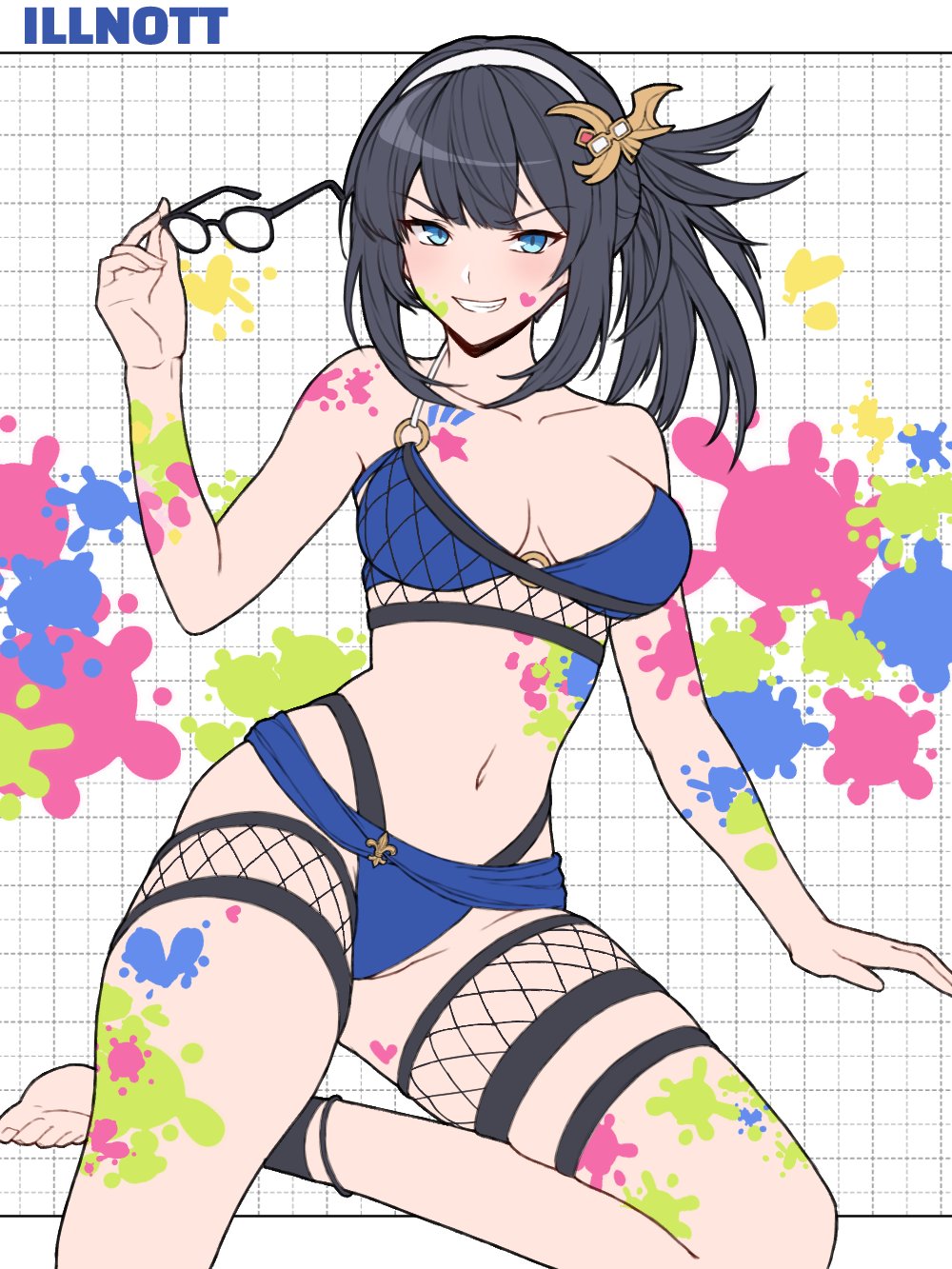 1girl, ankle_strap, bangs, bikini, black_hair, blue_bikini, bodypaint, breasts