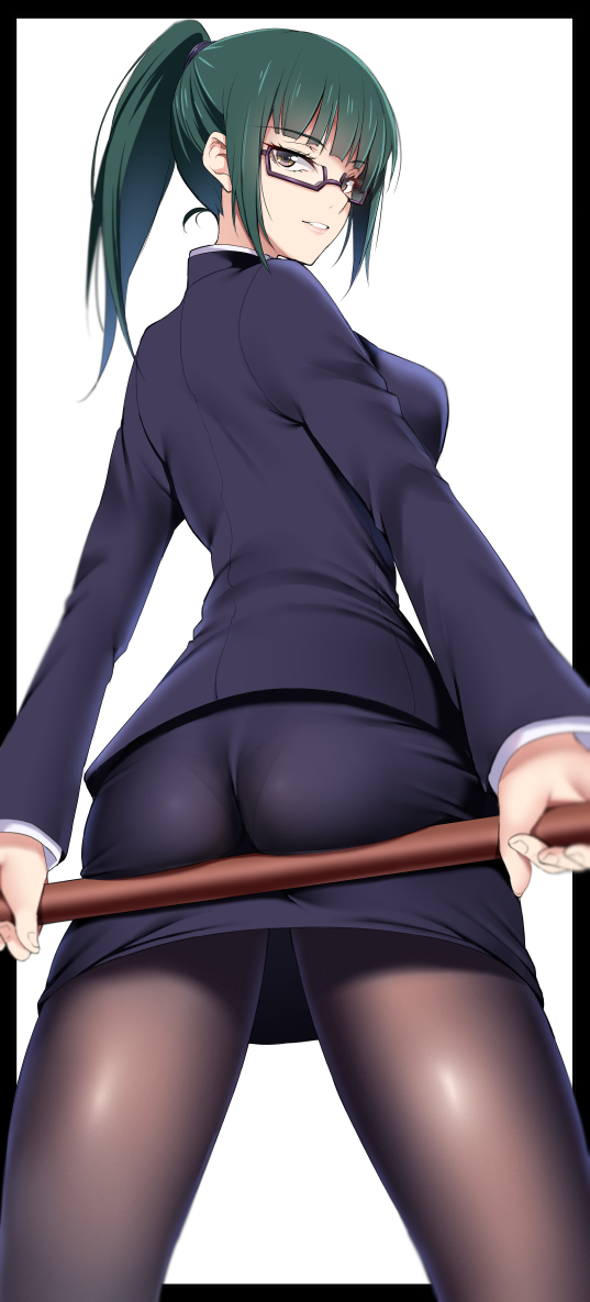 1girl, ass, ass_focus, back, bangs, black_legwear, blunt_bangs, breasts