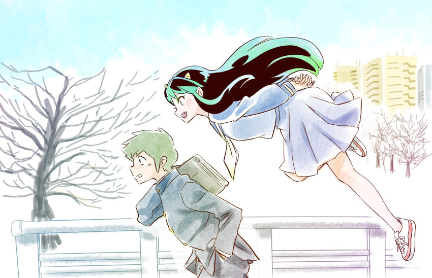 1boy, 1girl, bag, black_hair, building, floating, gakuran, green_eyes
