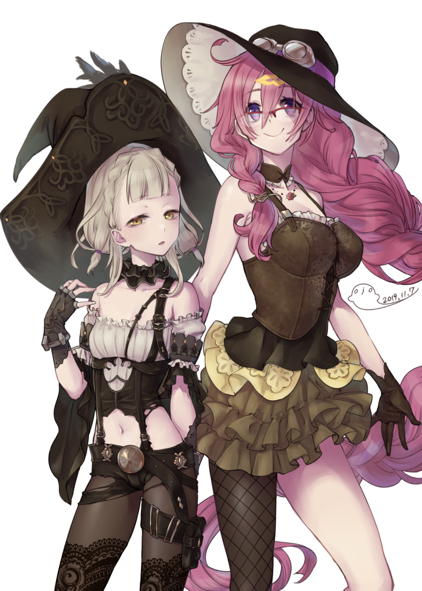 2girls, black_gloves, black_headwear, blonde_hair, braid, braided_ponytail, breasts, briar_rose_(sinoalice)