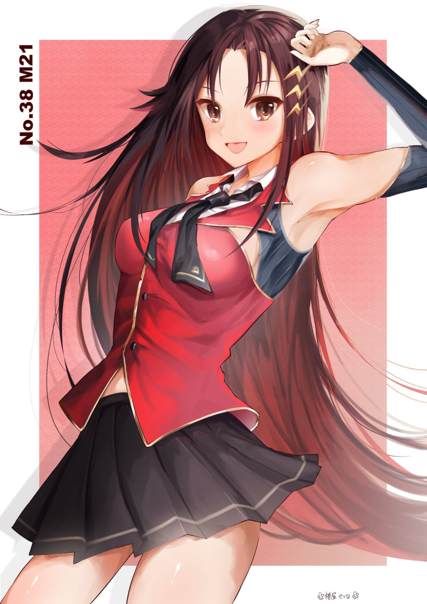 1girl, :d, armpits, bare_shoulders, black_neckwear, brown_eyes, brown_hair, character_name