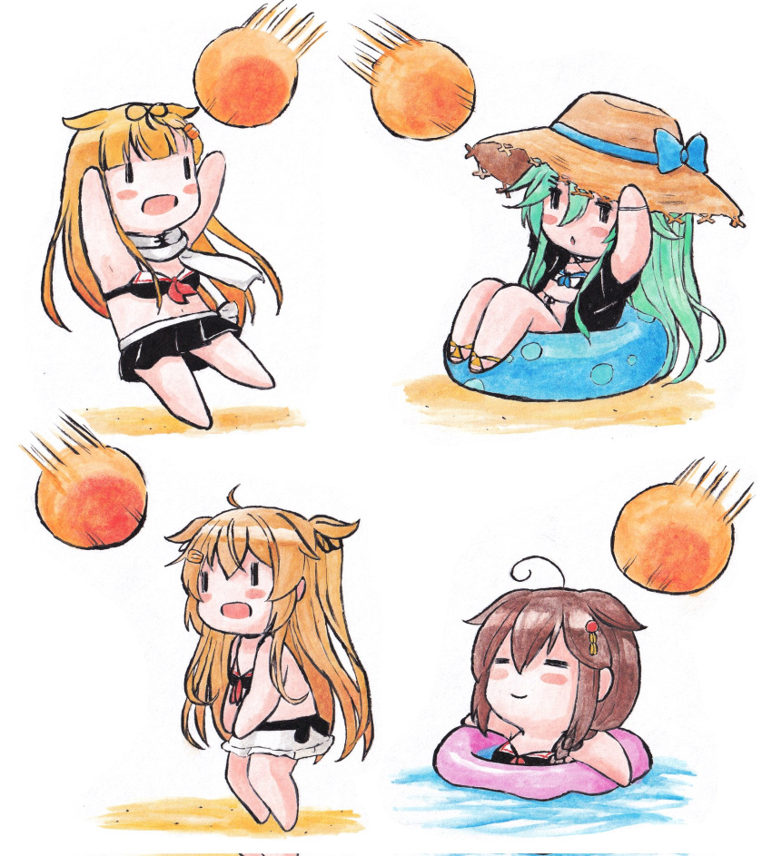 4girls, ahoge, ball, bangs, bikini, bikini_skirt, black_bikini, blonde_hair, blush, bow, braid, breasts, brown_hair, chibi, closed_eyes, green_hair, hair_between_eyes, hair_flaps, hair_ribbon, hat, hat_bow, highres, innertube, kantai_collection, long_hair, multiple_girls, murasame_(kancolle), open_mouth, poipoi_purin, remodel_(kantai_collection), ribbon, sailor_bikini, sailor_collar, scarf, shigure_(kancolle), single_braid, smile, straw_hat, swimsuit, white_scarf, yamakaze_(kancolle), yuudachi_(kancolle)