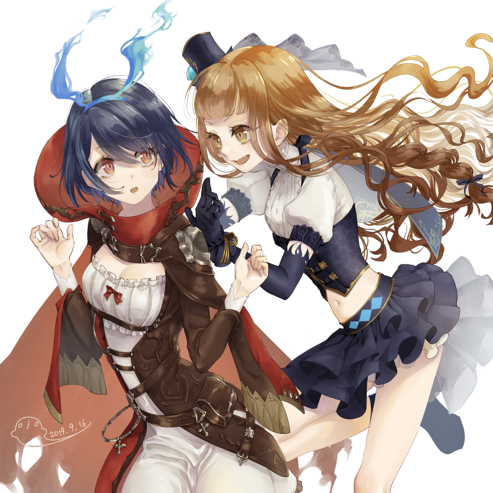 2girls, :d, :o, alice_(sinoalice), alice_(sinoalice)_(cosplay), bangs, blonde_hair, blue_gloves