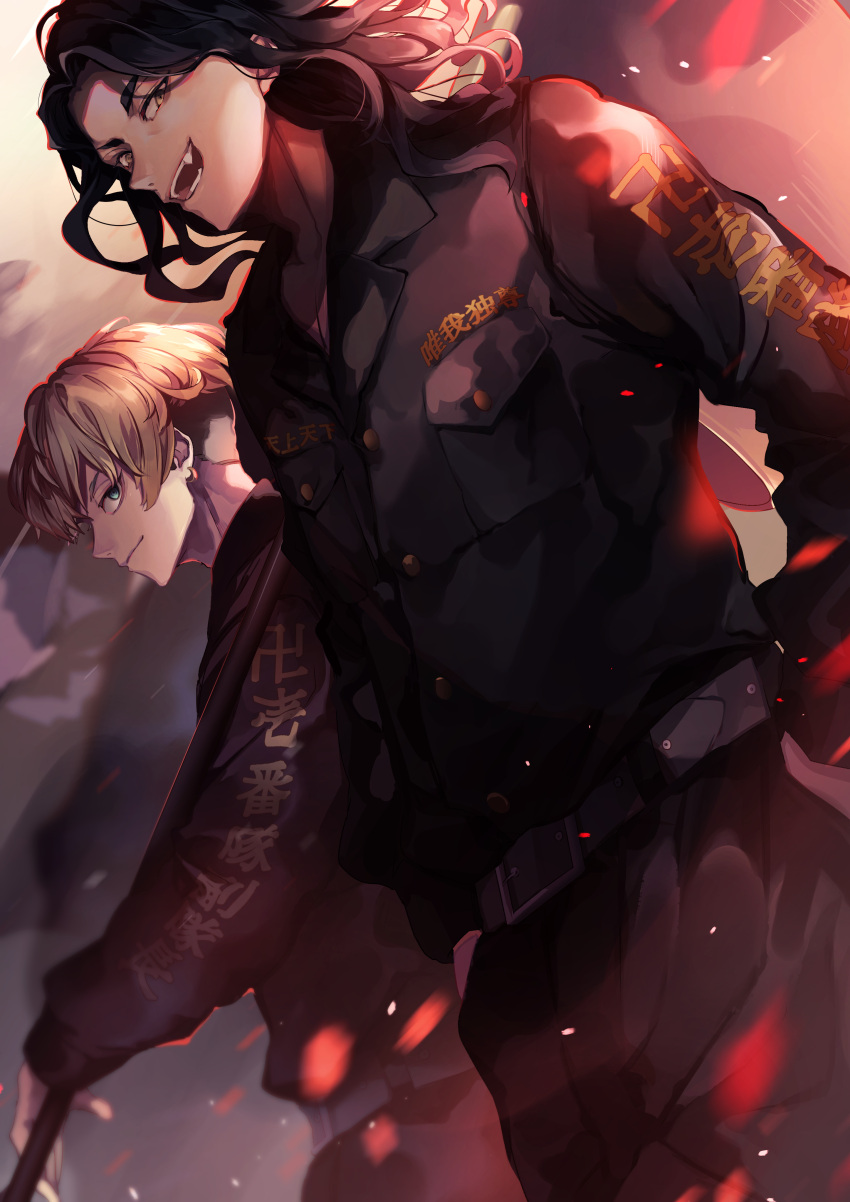 2boys, absurdres, baji_keisuke, belt, black_belt, black_hair, black_jacket, black_pants