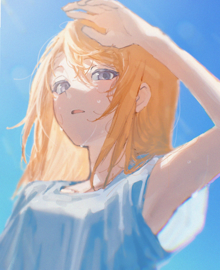 1girl, arm_up, bangs, blonde_hair, blue_shirt, blue_sky, breasts, collarbone