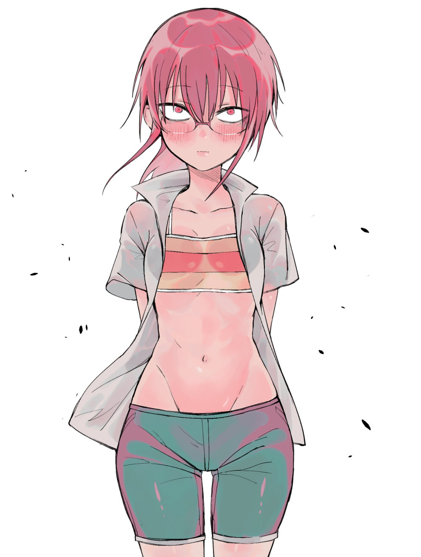 1girl, arms_behind_back, bike_shorts, blush, breasts, closed_mouth, glasses, groin
