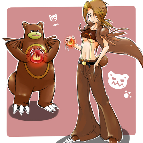 1girl, brown_hair, claws, lowres, moemon, orb, pants, personification