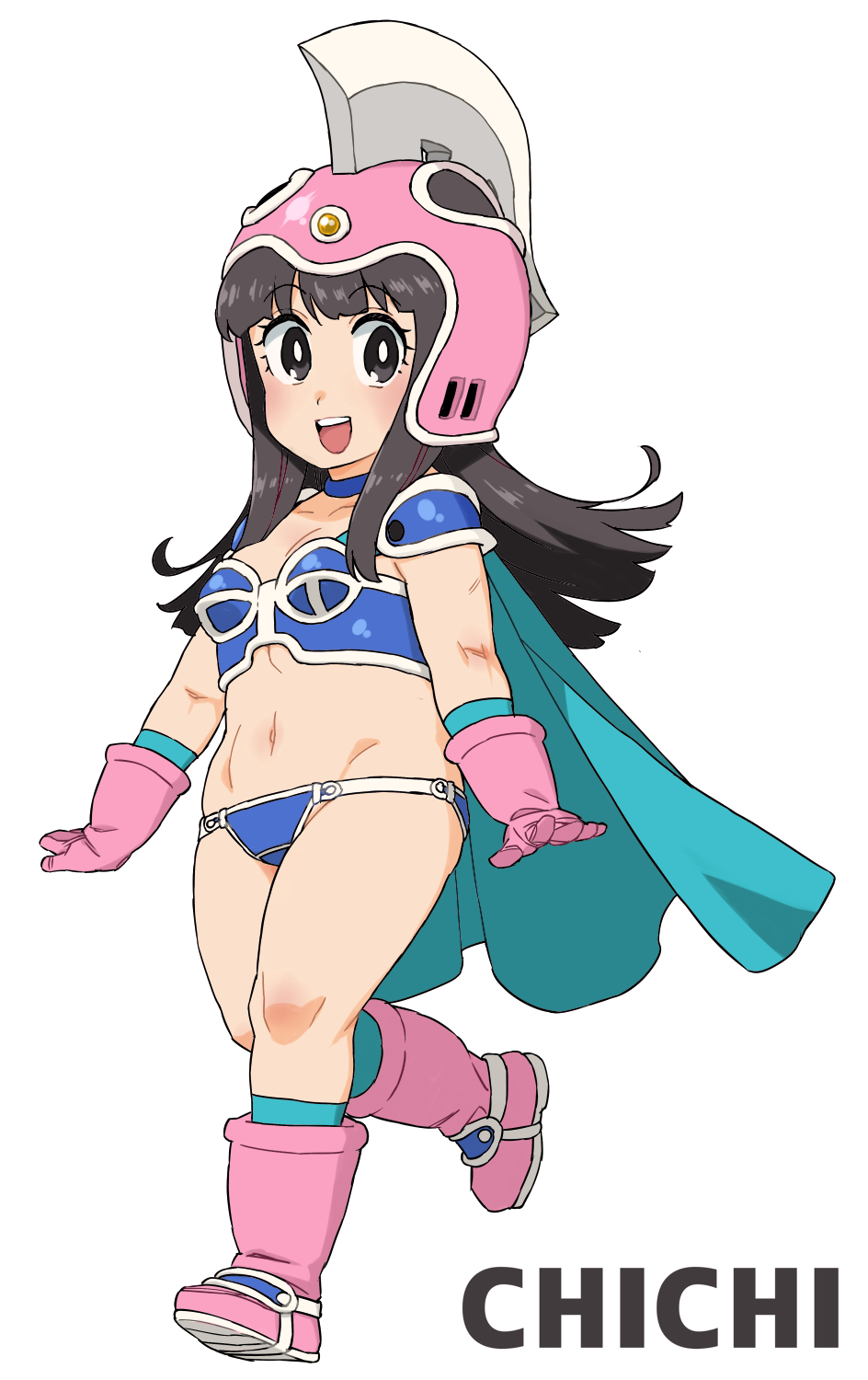 1girl, armor, bikini, bikini_armor, black_eyes, black_hair, blue_bikini, boots
