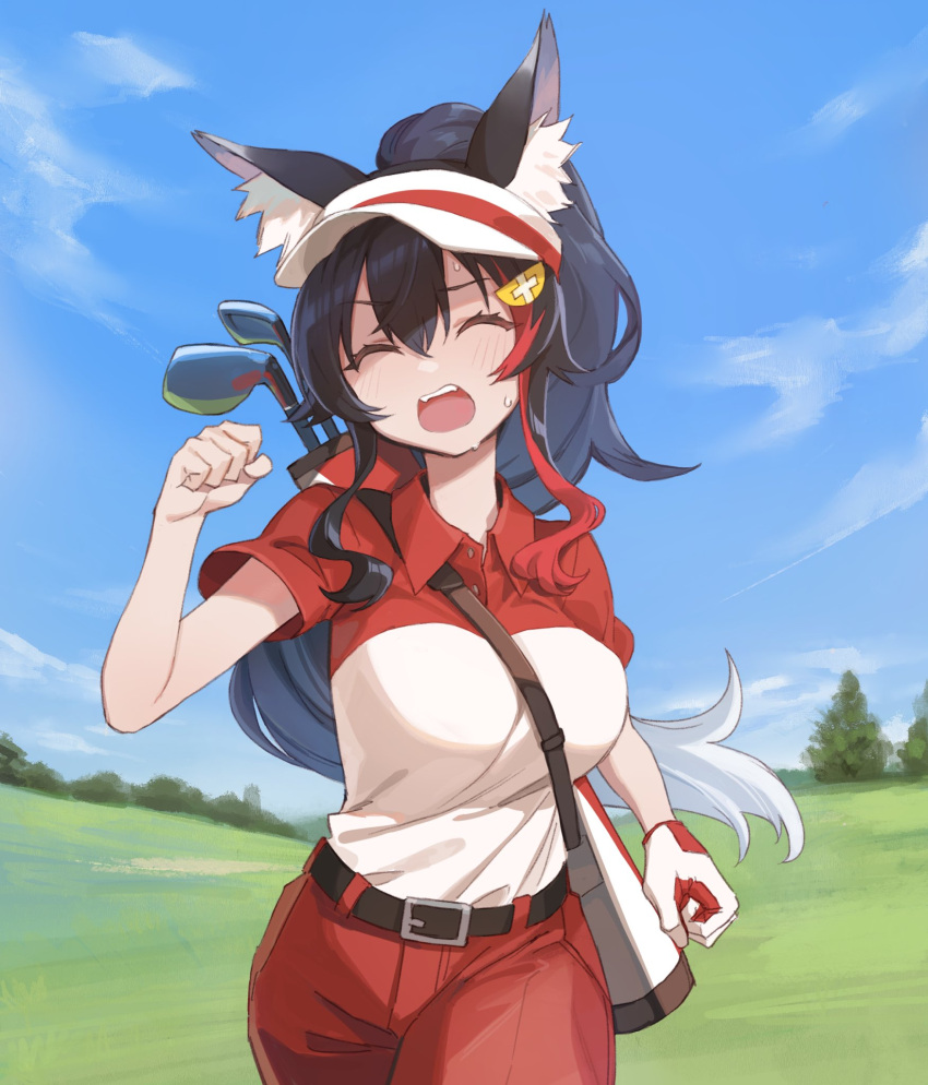 1girl, alternate_costume, animal_ears, belt, belt_buckle, between_breasts, black_hair, blue_sky