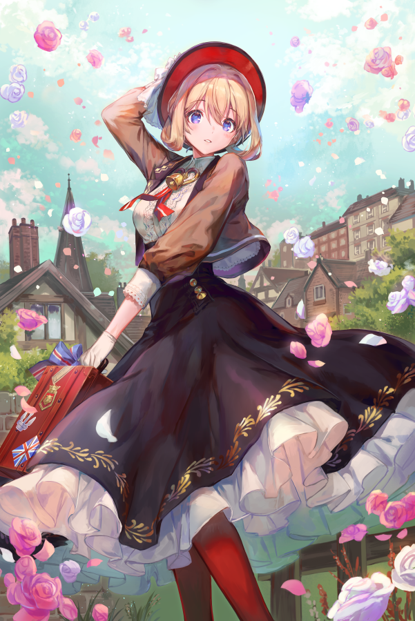 1girl, azutarou, black_skirt, blonde_hair, blue_eyes, breasts, frilled_skirt, frills