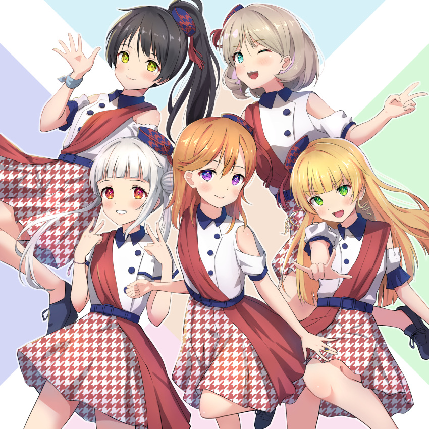5girls, arashi_chisato, b.ren, bangs, belt_buckle, black_hair, blonde_hair, blue_eyes