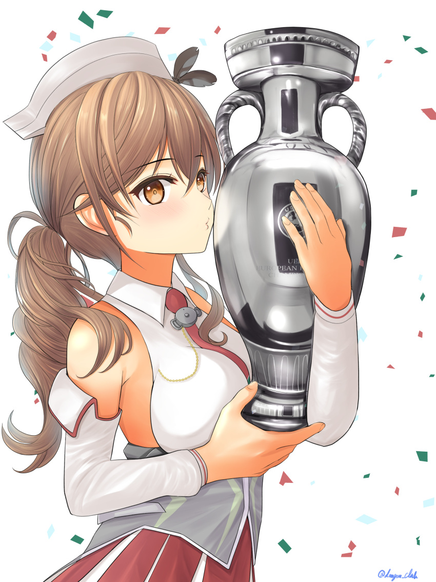 1girl, absurdres, breasts, brown_eyes, brown_hair, dangan_kurabu, detached_sleeves, euro_2020
