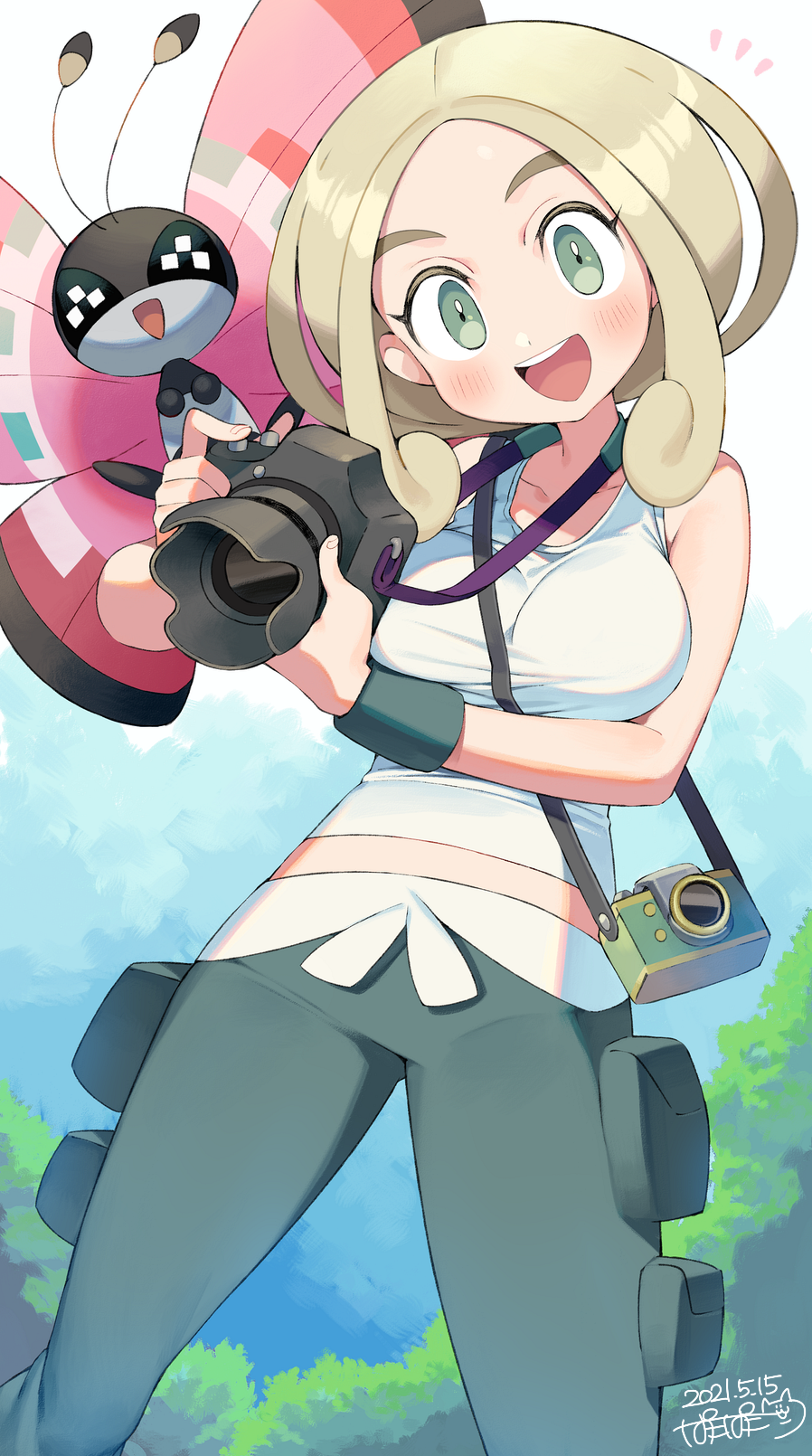 1girl, :d, bare_shoulders, blonde_hair, blush, breasts, camera, capri_pants