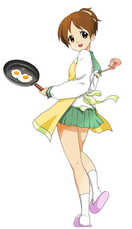 egg, flat_chest, frying_pan, hirasawa_ui, k-on!, lowres, nekomaru, school_uniform, serafuku, skirt, solo