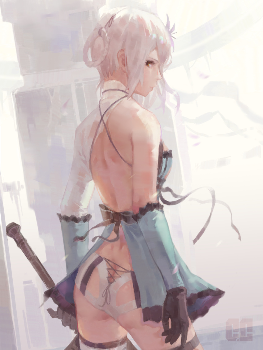 1girl, absurdres, asymmetrical_hair, backless_dress, backless_outfit, backlighting, bandaged_arm, bandaged_leg