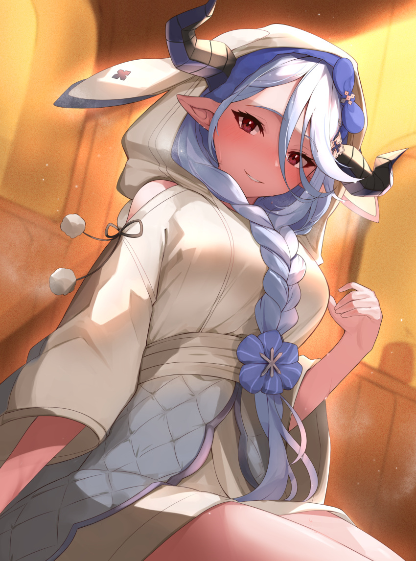 1girl, absurdres, blush, braid, clothes, clothing_cutout, draph, flower
