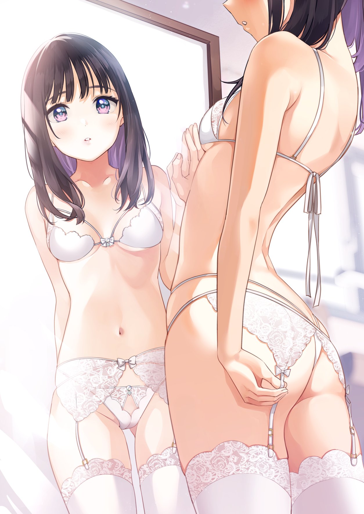 1girl, ass, ass_visible_through_thighs, back, bangs, black_hair, blurry, blurry_background