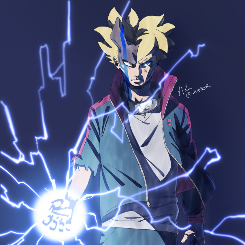 1boy, absurdres, blonde_hair, blue_eyes, boruto:_naruto_next_generations, byakugan, child, cowboy_shot, facial_mark, fighting_stance, forehead_protector, frown, highres, horns, jacket, lightning, looking_at_viewer, male_focus, naruto_(series), ootsutsuki_momoshiki, open_clothes, open_jacket, rasengan, ross_(doodlrenzo), serious, short_hair, single_horn, solo, spoilers, torn_jacket, uzumaki_boruto, wind