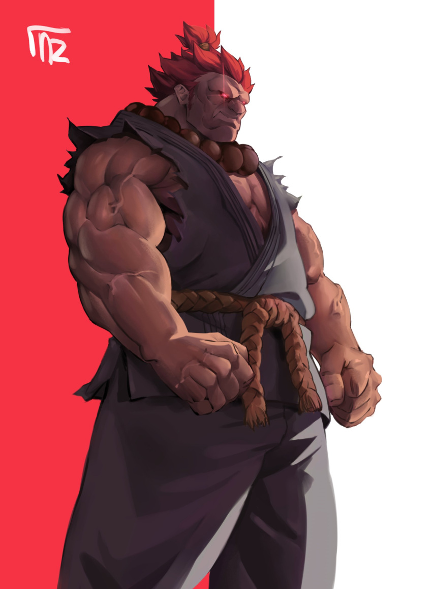 1boy, absurdres, bare_shoulders, dark-skinned_male, dark_skin, dougi, feet_out_of_frame, glowing, glowing_eye, gouki, highres, looking_to_the_side, male_cleavage, male_focus, muscular, muscular_male, pectorals, red_eyes, redhead, rope, ross_(doodlrenzo), shirt, short_hair, sideburns, sidepec, sleeveless, sleeveless_shirt, solo, stomach, street_fighter, veins