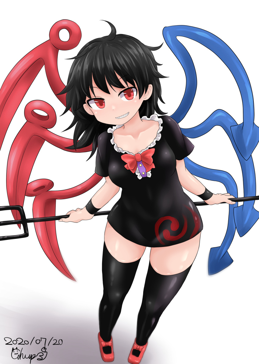 1girl, asymmetrical_wings, bangs, black_dress, black_hair, black_legwear, blue_wings, bow