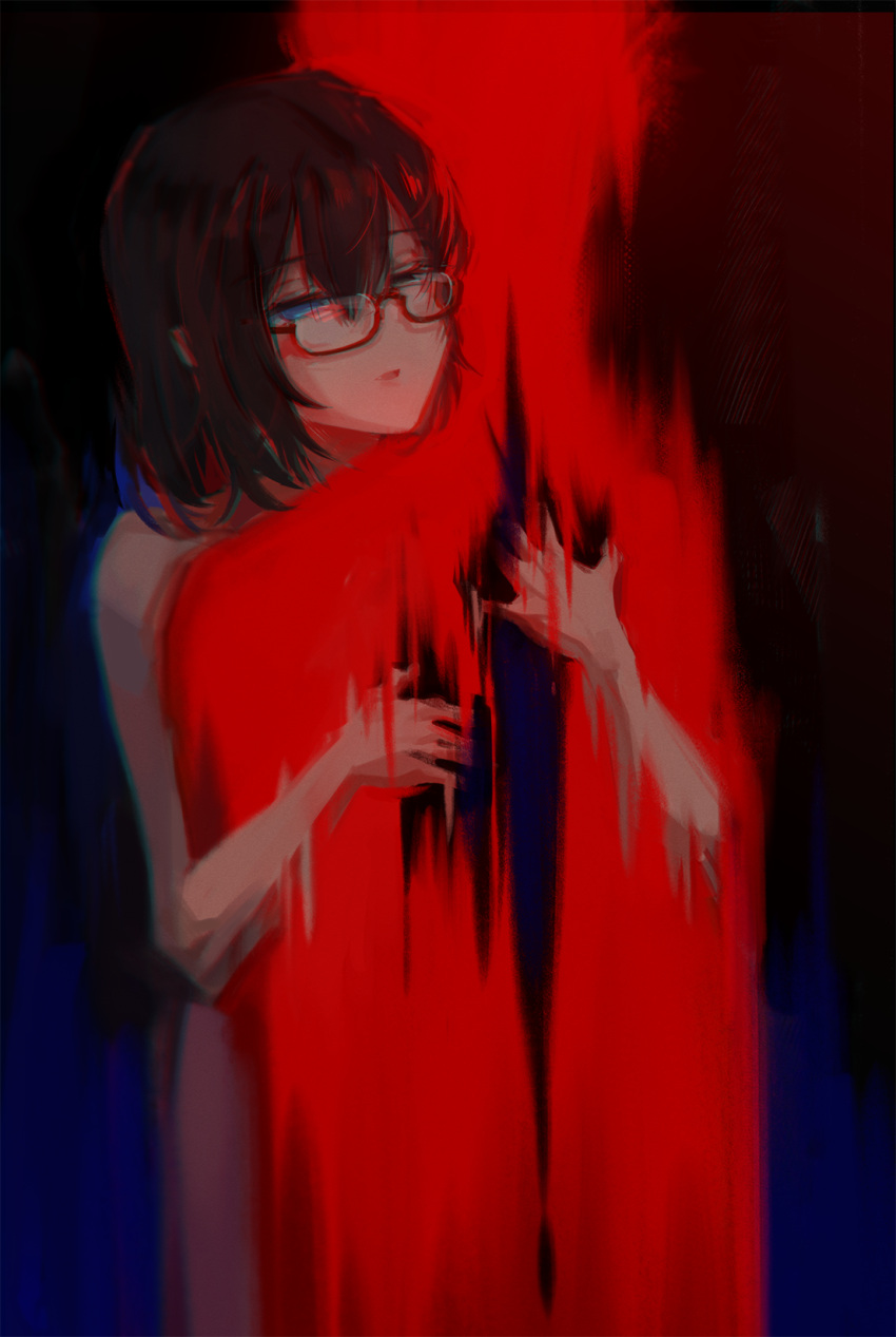 1girl, auo123, black_hair, dark, glasses, heterochromia, highres, hug, kamikoshi_sorawo, medium_hair, nude, red_person_(urasekai_picnic), solo_focus, urasekai_picnic